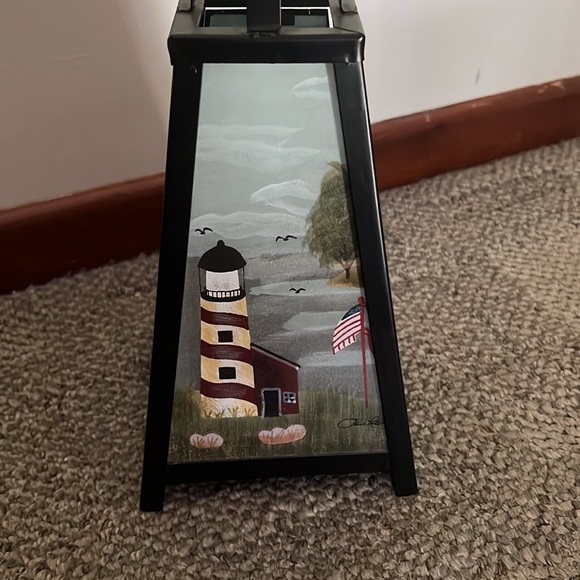 Artisan Hand painted glass and metal lighthouse candle holder lantern decor - Picture 3 of 14
